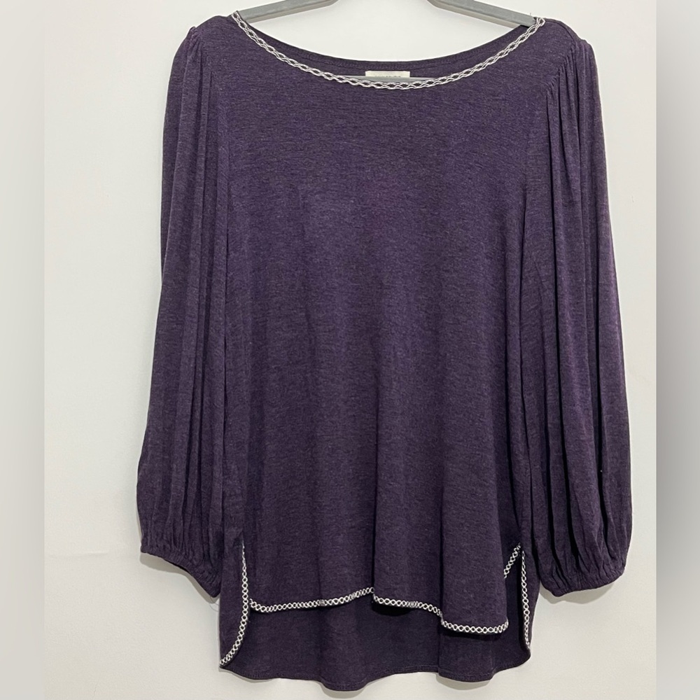 Max Studio Purple Knit Top | Puff Sleeves | Contrast Trim | Size S